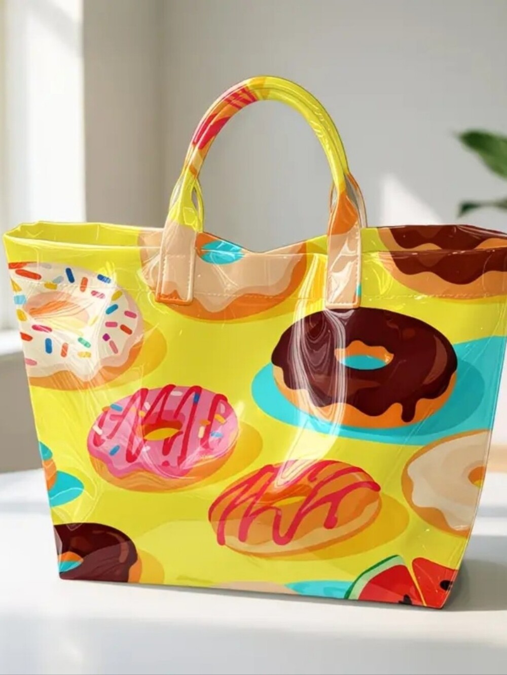 Women Cute Donut Print PVC Large Hand Bag